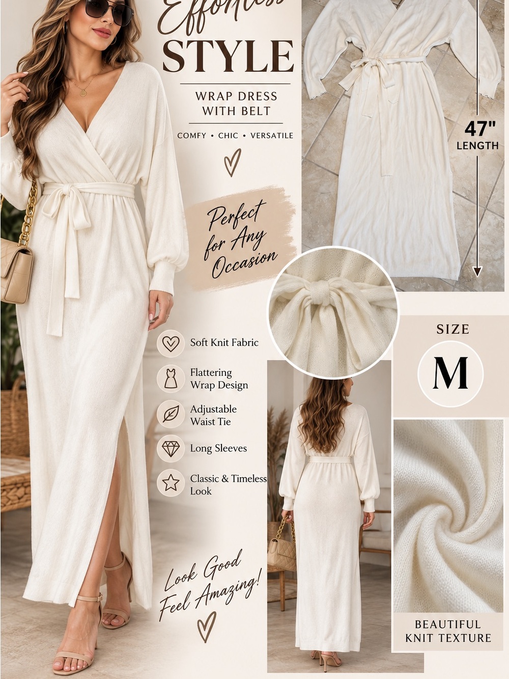 Women’s Ivory Knit Wrap Maxi Dress Belted Long Sleeve Size M 47”